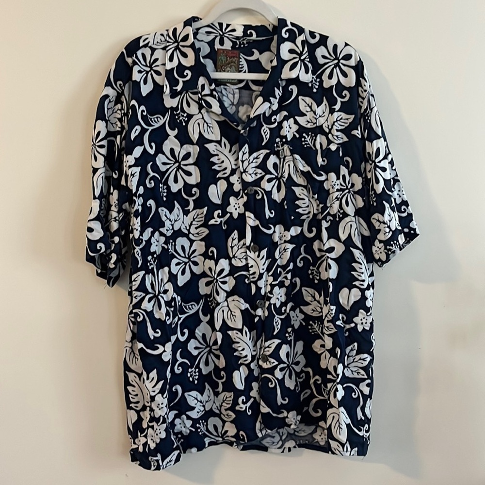 Vtg Pineapple Connection Hawaiian Button Down Shirt Men’s L Navy‎ Tropical Beach